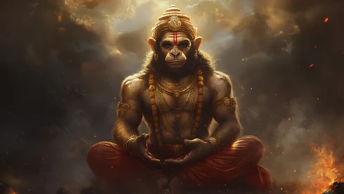 Simian sage of embers meditates within stormlit clouds