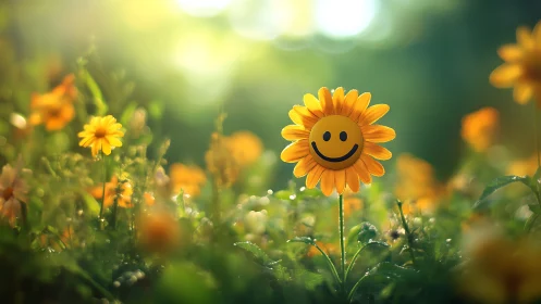 Yellow Daisy with Drawn Smiley Face Among Wildflower Field.