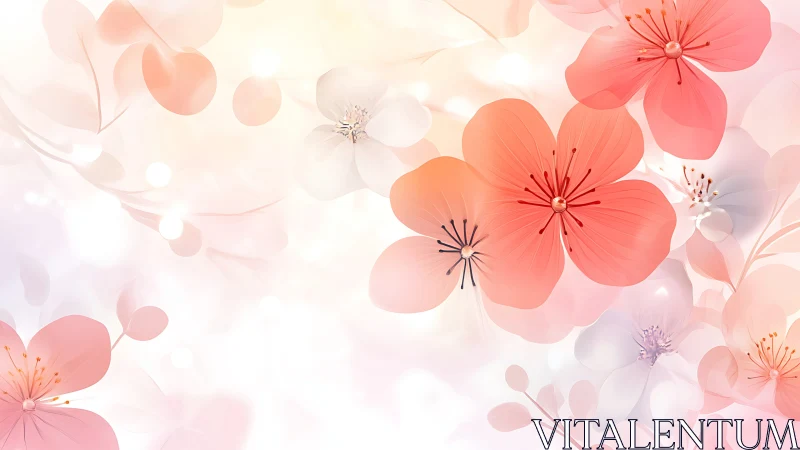 Layered translucent flowers rendered in soft coral and pink tones.