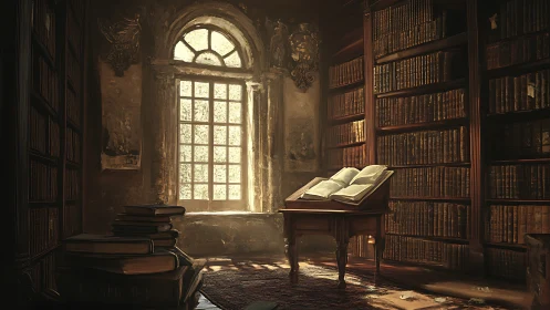 Sunlit baroque library interior with open folio lectern