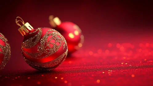 Macro closeup of glittered red Christmas baubles on bokeh field