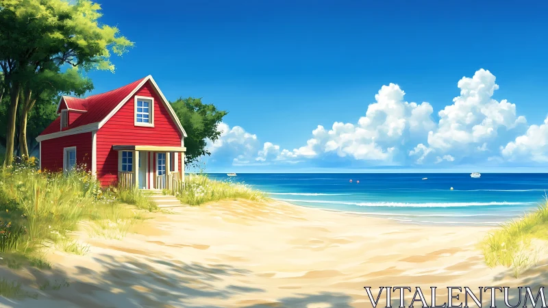 Red Beachside Cottage Overlooking Ocean.