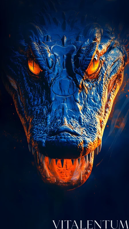Fiery blue dragon head with glowing orange eyes emerging.
