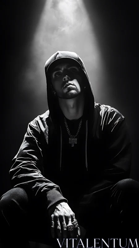 Moody monochrome portrait of hooded urban male figure.