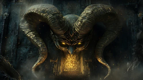 Horned metallic entity frames illuminated central doorway