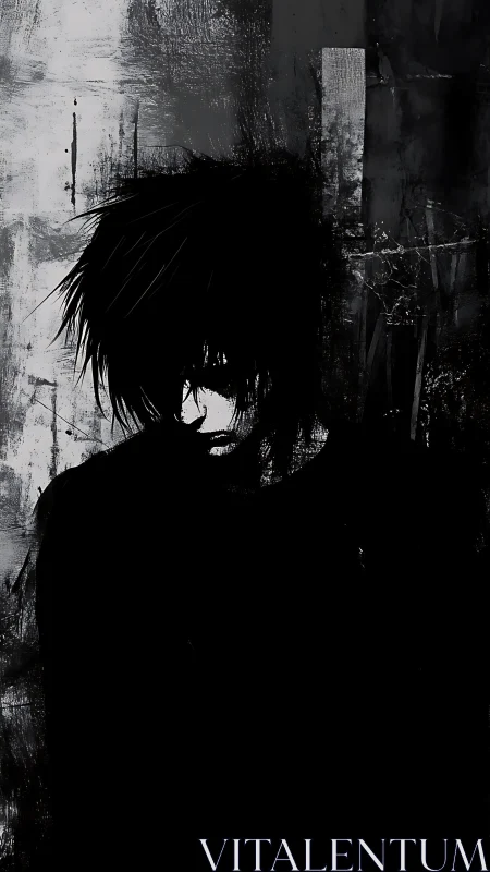 Silhouetted figure merges with rough monochrome textured wall