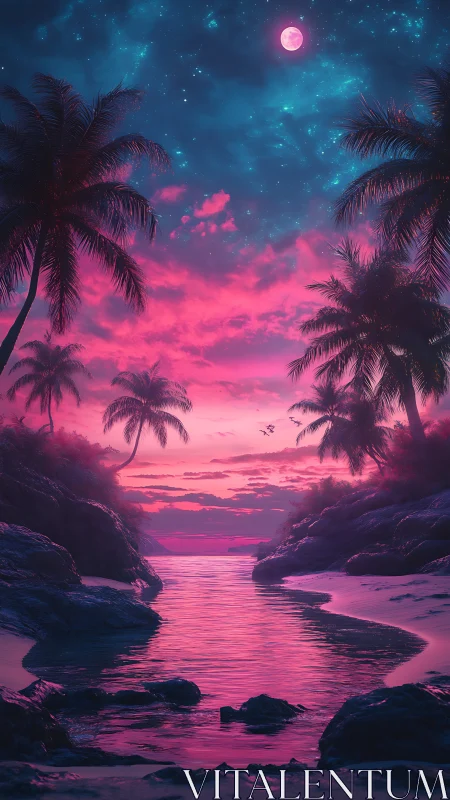 Neon-illuminated tropical cove under magenta moonlit sky renders depth