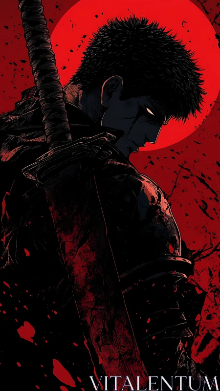 Solitary swordsman silhouette before red lunar disc.