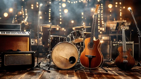 Warm stage with acoustic bass, drum kit and vintage keys ready