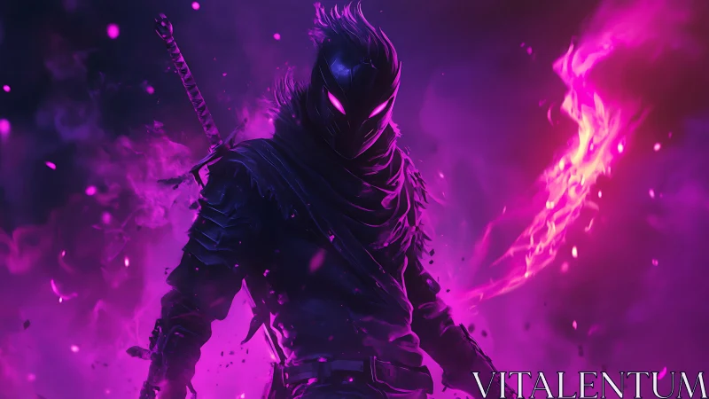 Hooded armored figure stands amid magenta energy flames