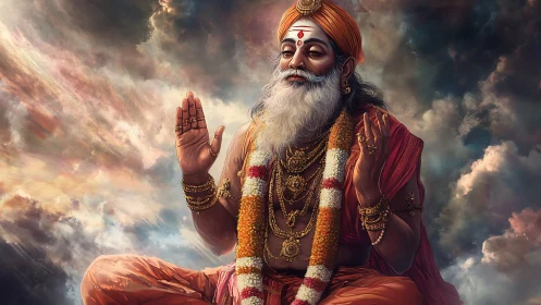 Serene Hindu sage meditates in radiant celestial clouds