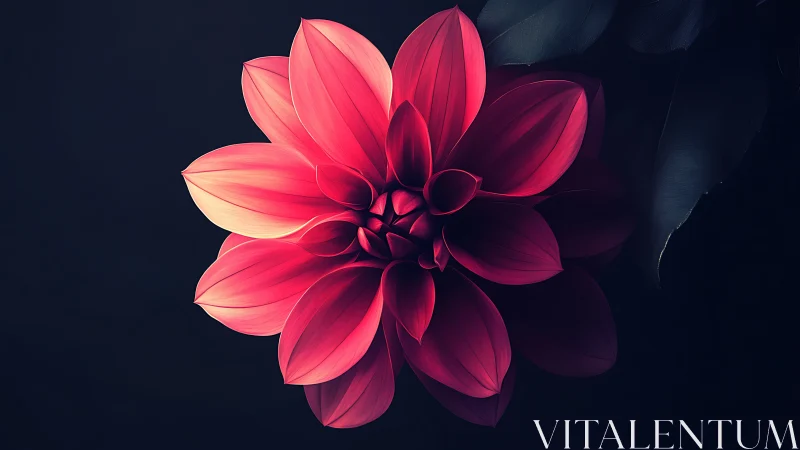 Radially symmetric magenta dahlia under controlled low key lighting.