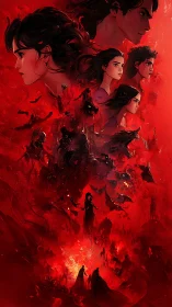 Clustered character portraits in red-toned infernal scene.