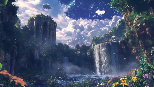 Mystical waterfall valley with ruins under starlit sky.