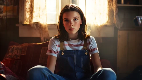 Soft window light on pensive girl in rustic bedroom interior.
