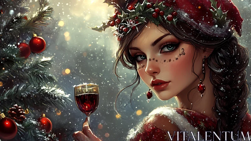 Digital painting portrait of festive woman with Christmas tree.