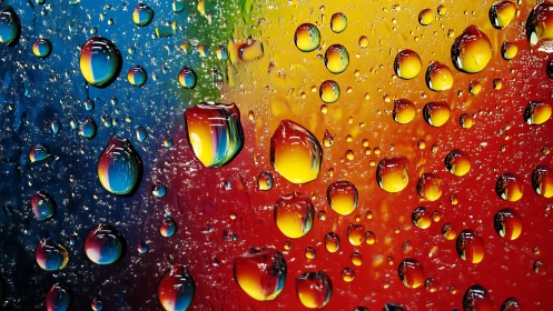 Rainbow light refracts through water droplets on vivid glass.