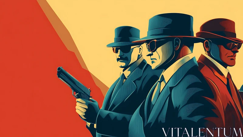 Retro stylized gunmen in suits and hats against bold backdrop.