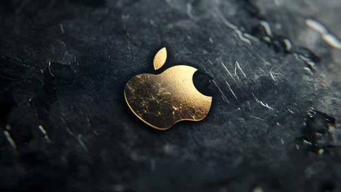 Golden Apple Logo on Dark Textured Background, Realistic Render.