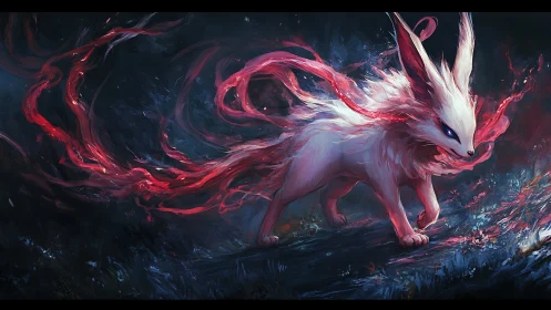 Mythic fox spirit stalks stormlit battlefield with crimson aura.