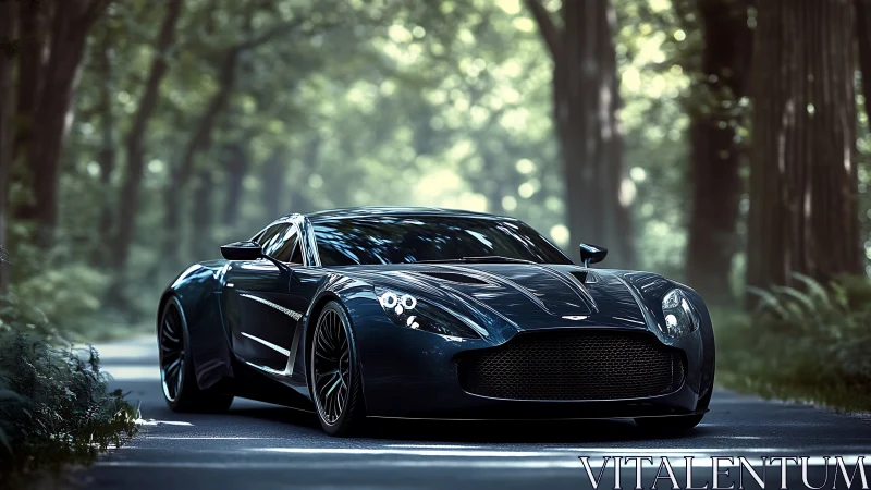 Sleek forest road supercar basking in quiet morning light.