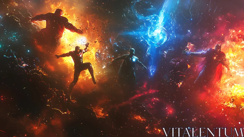 Superheroes in cosmic battle within fiery stellar clouds.
