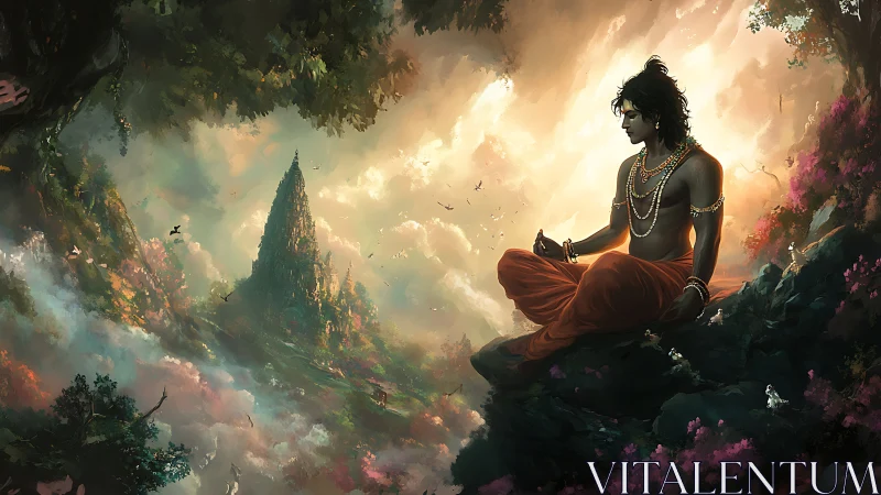 Mystic sage meditating above luminous valley temple peak.