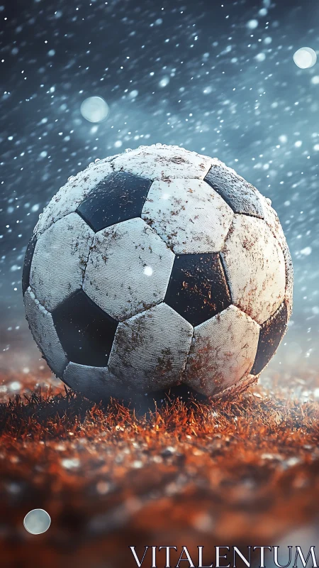 Weathered soccer ball rests on frosted pitch in dynamic snow