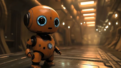 Orange service robot in softly lit sci fi corridor.