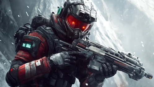 Armored sci fi soldier with rifle in frozen mountain terrain.