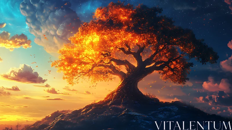 Solitary hillside tree under dual sky at sunset and night.