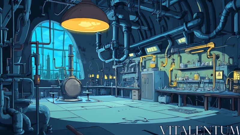 Midnight alchemy hums quietly inside the pipe-tangled lab