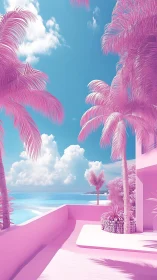 Palm-lined coastal terrace uses monochrome pink palette
