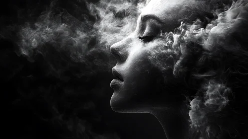Side profile face merged with swirling monochrome smoke.