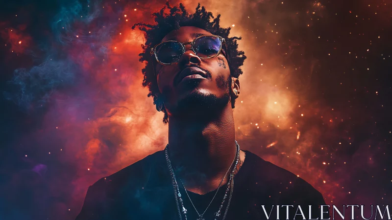 Portrait of man in sunglasses amid cosmic light field.