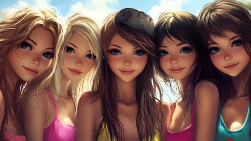 Five Animated Girls with Bright Eyes in Vibrant Summer Style.