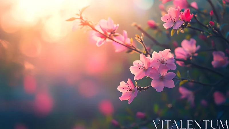 Pink blossoms glow golden through soft bokeh light.