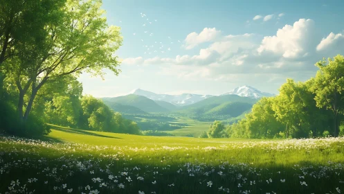 Sunlit mountain meadow opens toward distant snowy peaks