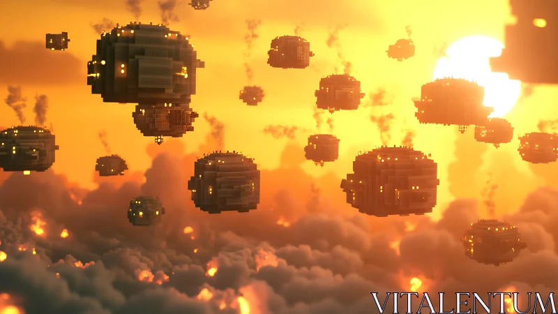 Sunlit sky convoy of floating blocky airships at dusk.