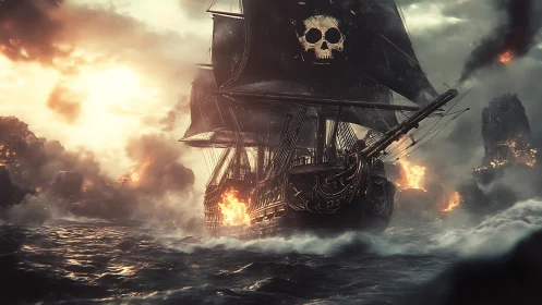 Storm-lit pirate ship sailing through fire and thunder.