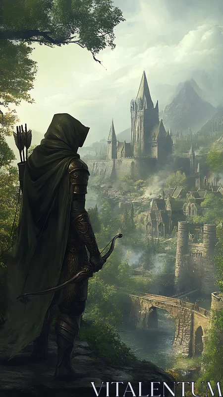 Hooded archer observing fortified riverside fantasy citadel.