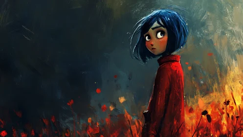 Blue haired girl in red coat among glowing wildflowers.