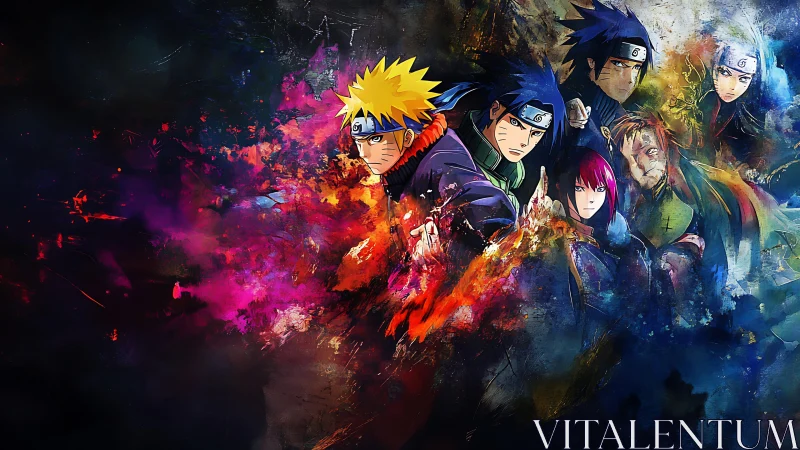 Dynamic ninja ensemble surging through abstract energy fields.