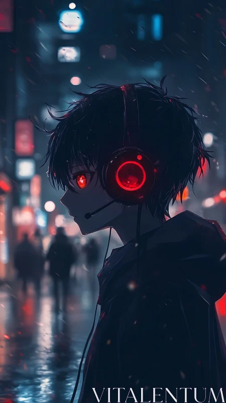 Profile of headphone user in rainy neon city street at night.