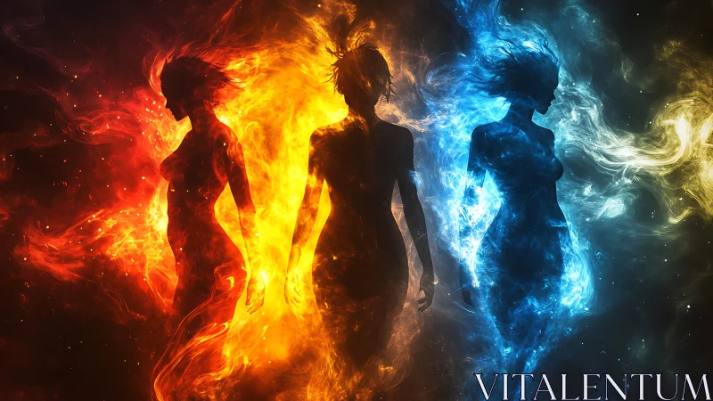 Elemental silhouettes dancing in fire, frost and cosmic glow.
