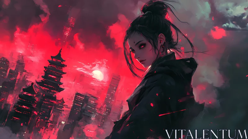 Crimson city watch: a lone guardian over neon pagodas.