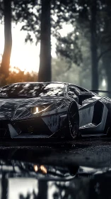 Carbon black supercar cuts through misty forest road.