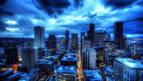 Storm-lit blue hour skyline captures vivid downtown city core