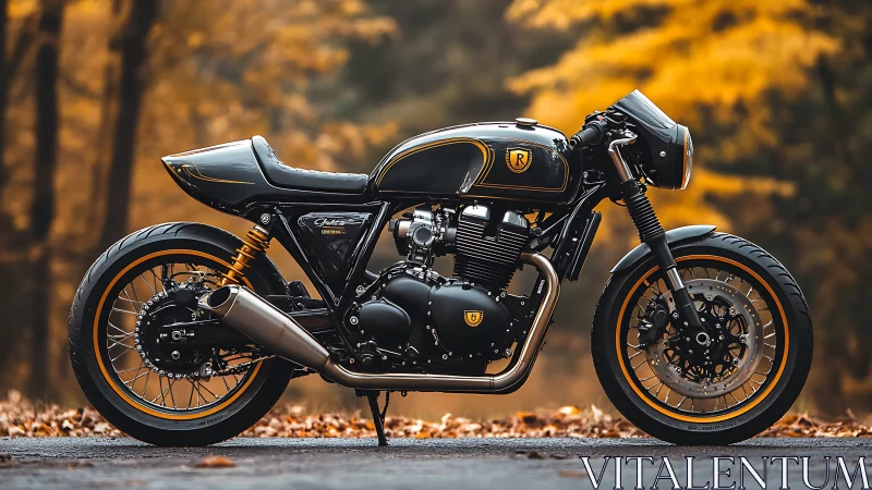 Custom cafe racer motorcycle in autumn forest setting.