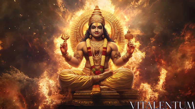 Radiant divine figure sits in golden serenity amid flames